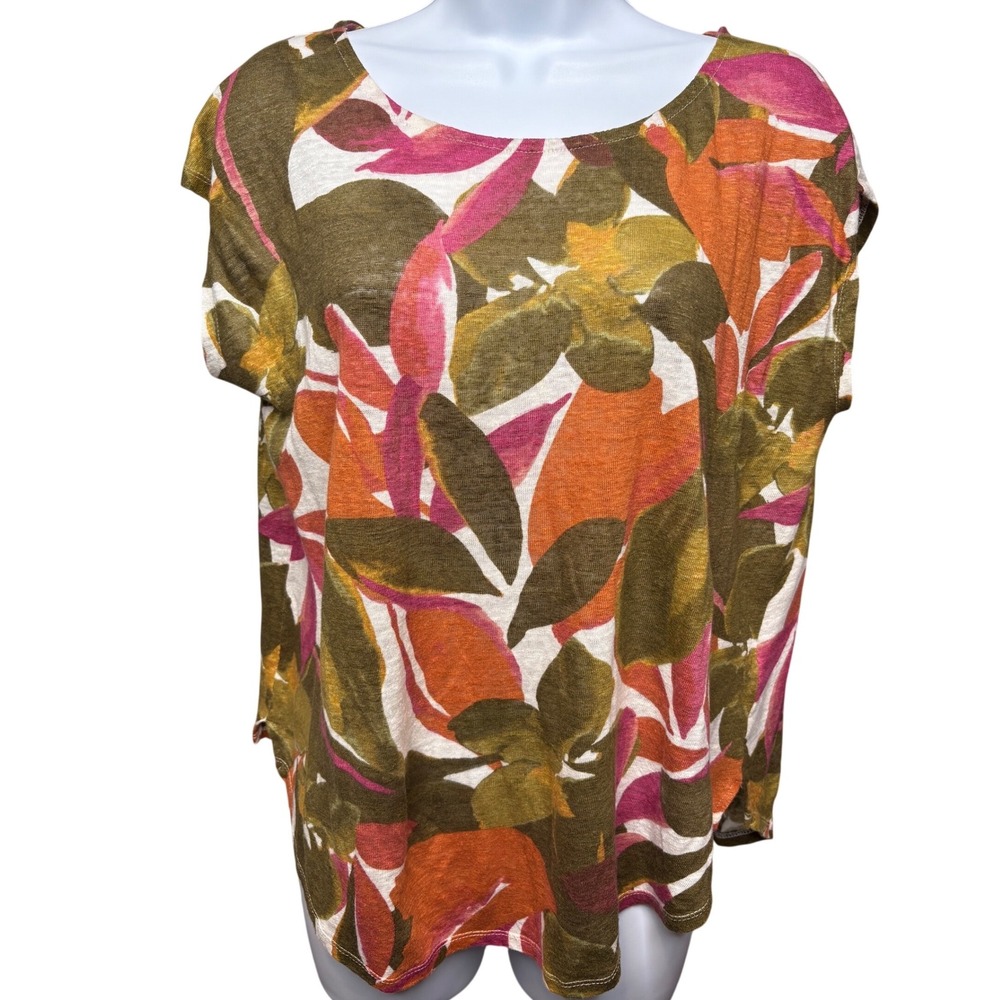 TAHARI Multicolor Tropical Leaf Linen Floral Cap Sleeve Top M Coastal Earthy‎